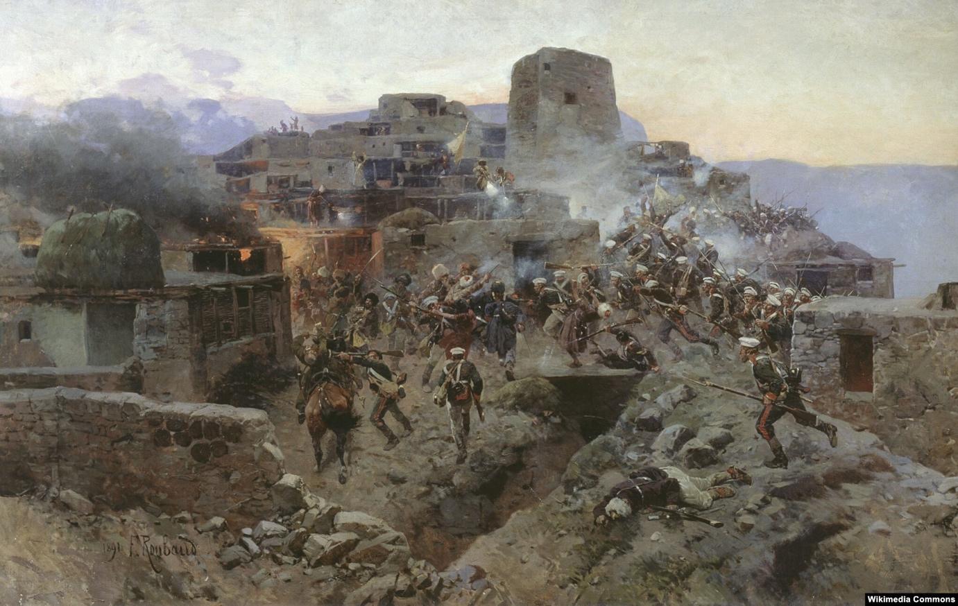 “Assault on the aul of Gimry by Russian troops in 1832”, by F. Roubaud